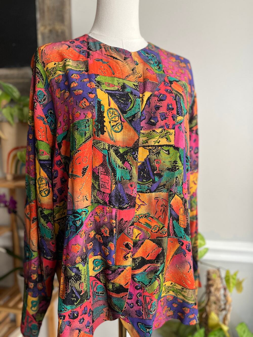 Vintage 90s Button Front Blouse Bright Art to Wear Lagenlook Artist Size Large